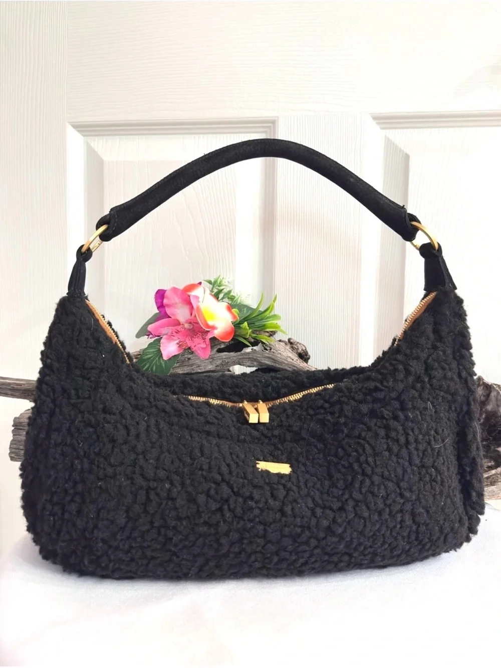 HAMMITT ~ Black Sherpa Shoulder Bag with Gold Hardware and Red Monogram Interior